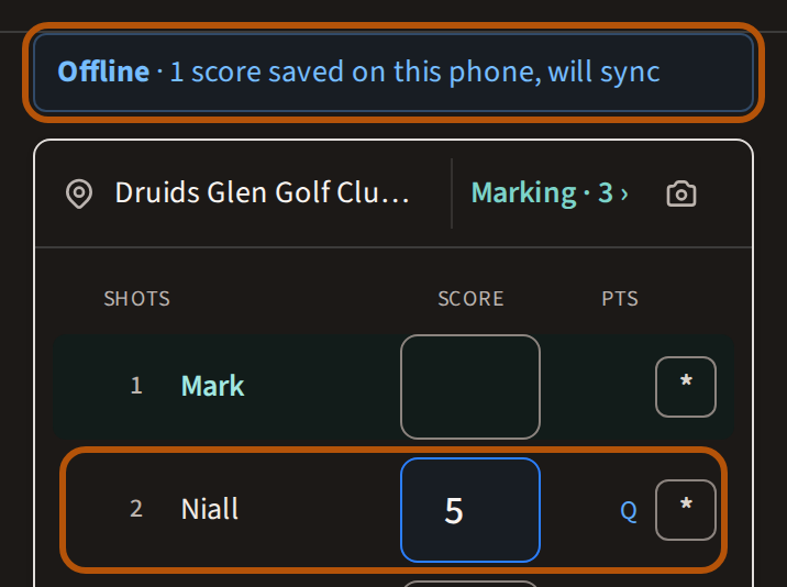 Scoring with no signal: the line above the card saying Offline with how many scores are saved on the phone, and a score field with Q beside it, both ringed.
