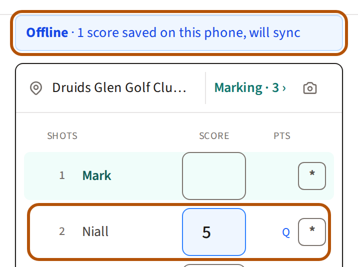 Scoring with no signal: the line above the card saying Offline with how many scores are saved on the phone, and a score field with Q beside it, both ringed.