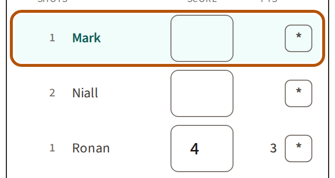 Three players' rows on one hole: the shots each receives, the name, the score field, the points the score is worth, and a small star at the end of each row.