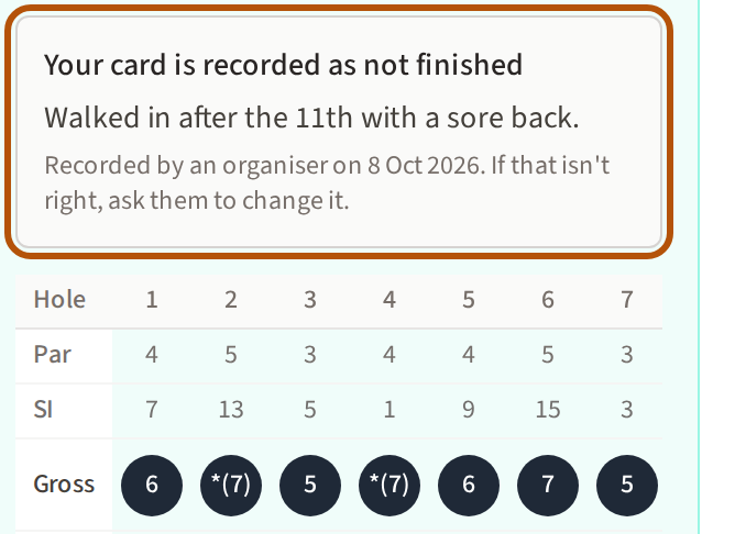 Your own scorecard ruled DNF: the box above its holes, ringed, saying your card is recorded as not finished, then the organiser's reason, then who recorded it and when, with a line to ask them to change it if it isn't right.