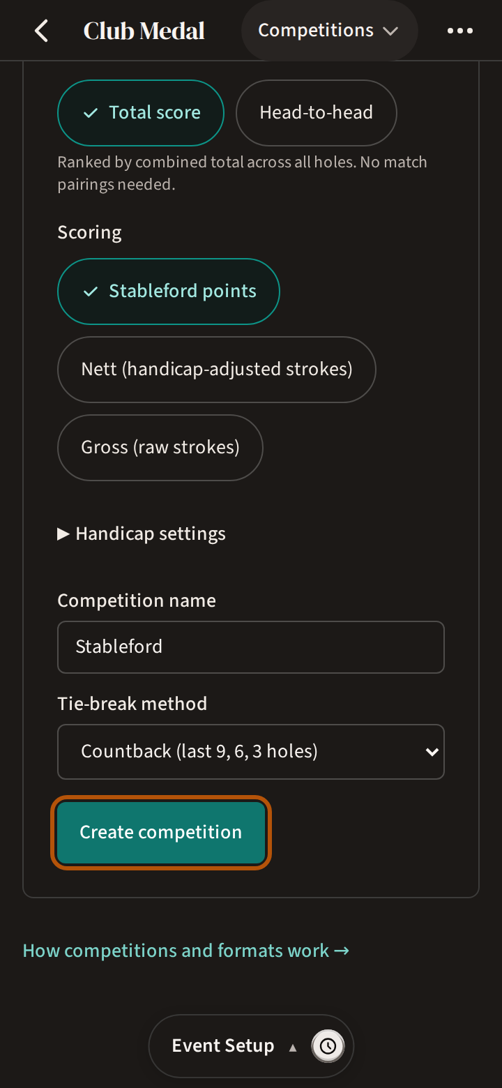 Event Setup on Competitions: a format's settings — how the winner is decided, scoring, the name and the tie-break — and the Create competition button at their foot ringed.