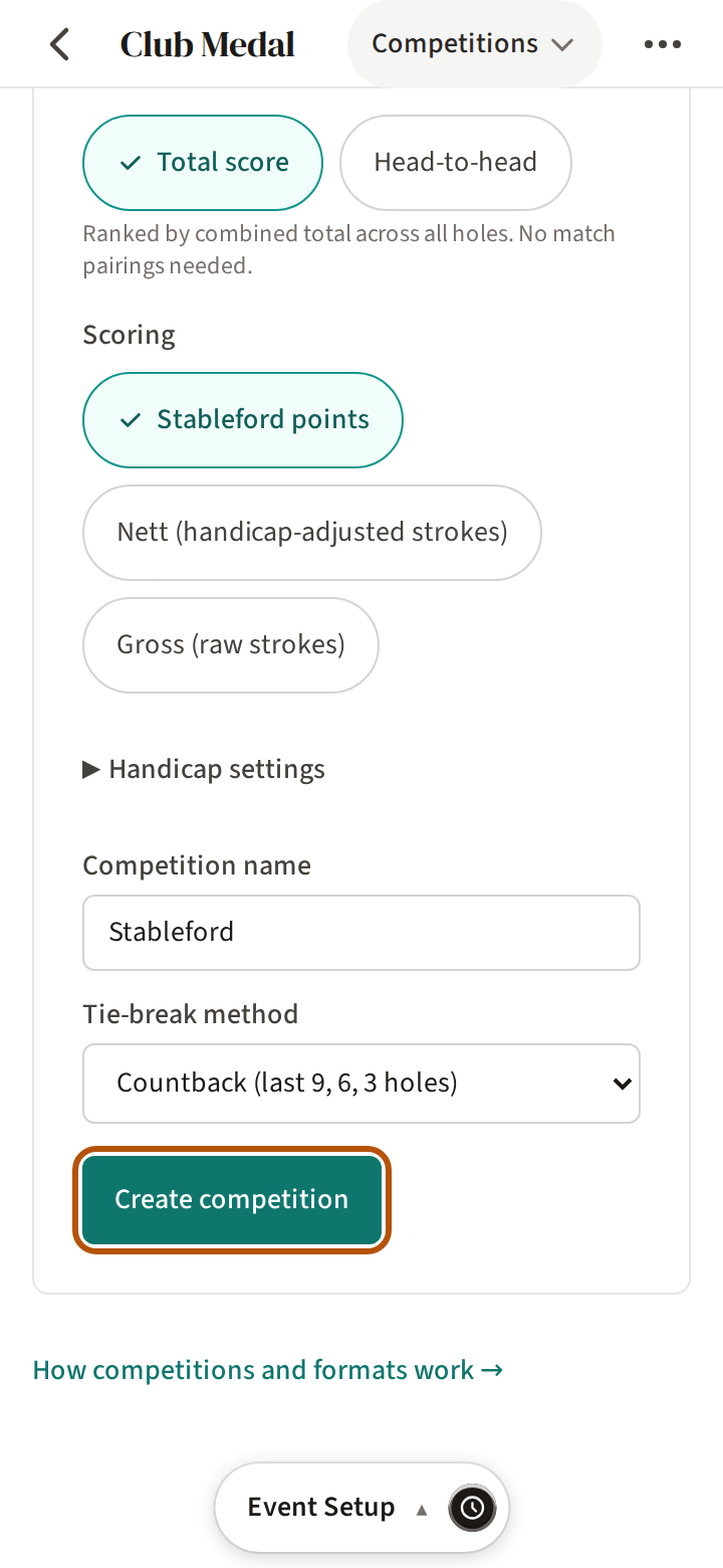 Event Setup on Competitions: a format's settings — how the winner is decided, scoring, the name and the tie-break — and the Create competition button at their foot ringed.