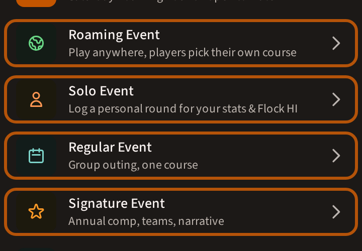The Play list's rows for creating an event: Roaming Event, Solo Event, Regular Event and Signature Event, each with a line saying what it is for.