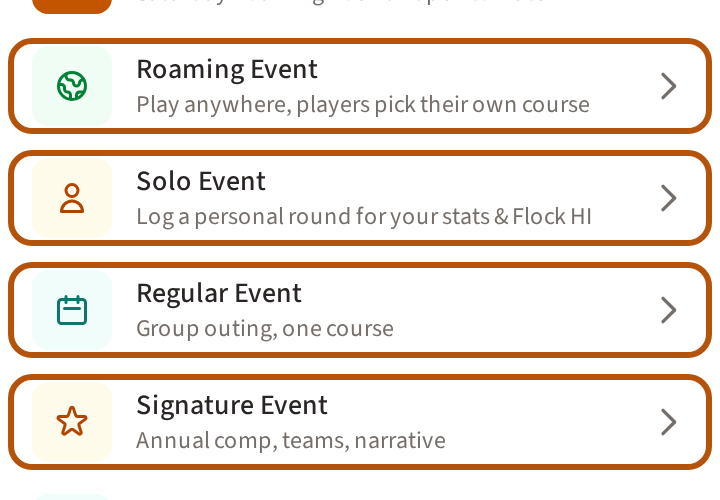 The Play list's rows for creating an event: Roaming Event, Solo Event, Regular Event and Signature Event, each with a line saying what it is for.