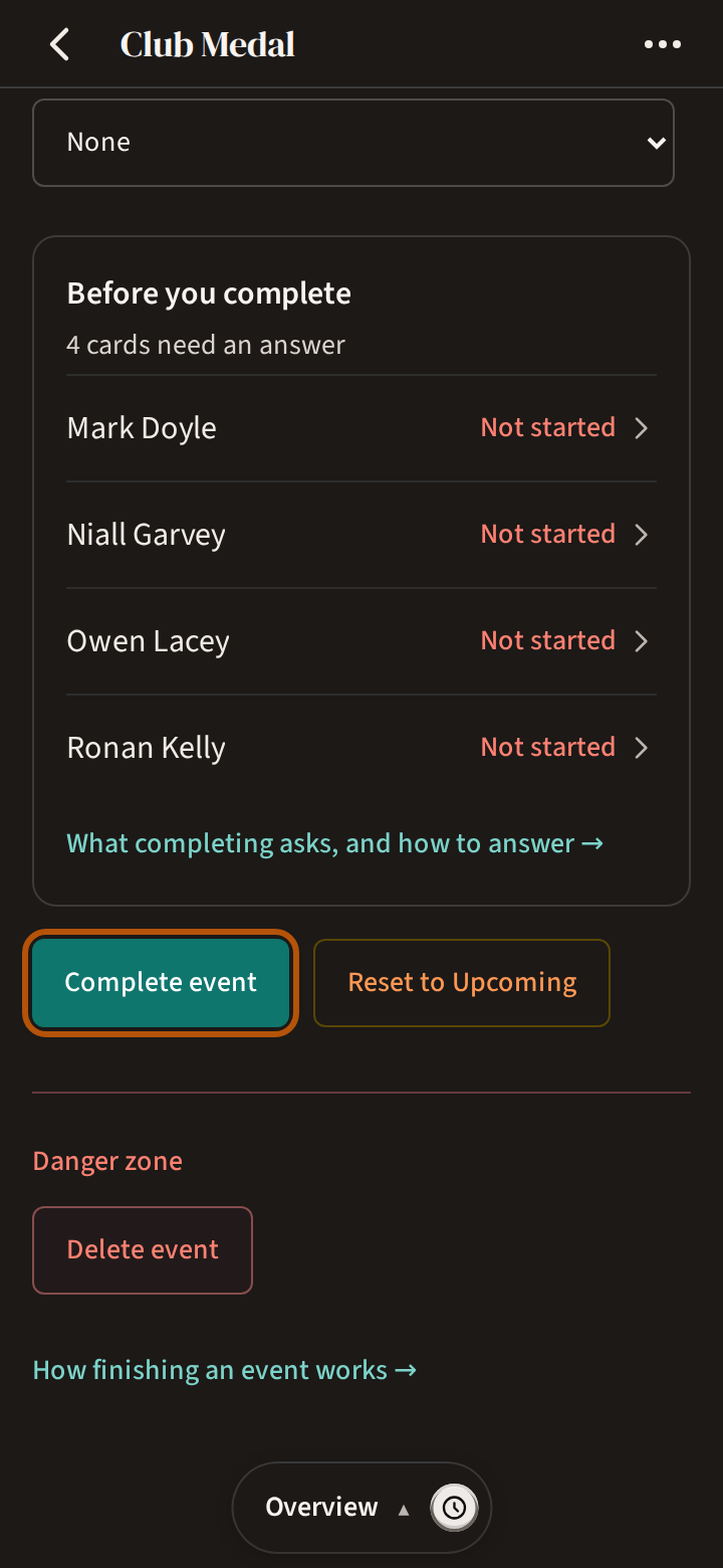 The Overview of an event that has gone live, further down: Before you complete, with the cards still to answer, and the Complete event button ringed, with Reset to Upcoming beside it.