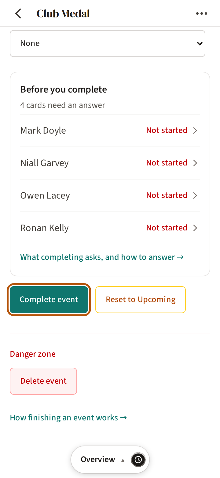 The Overview of an event that has gone live, further down: Before you complete, with the cards still to answer, and the Complete event button ringed, with Reset to Upcoming beside it.