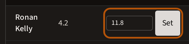 HC Setup in a live event's Admin: a player's row with their default Handicap Index, a new index typed under Override HI, and the Set button beside it, ringed.