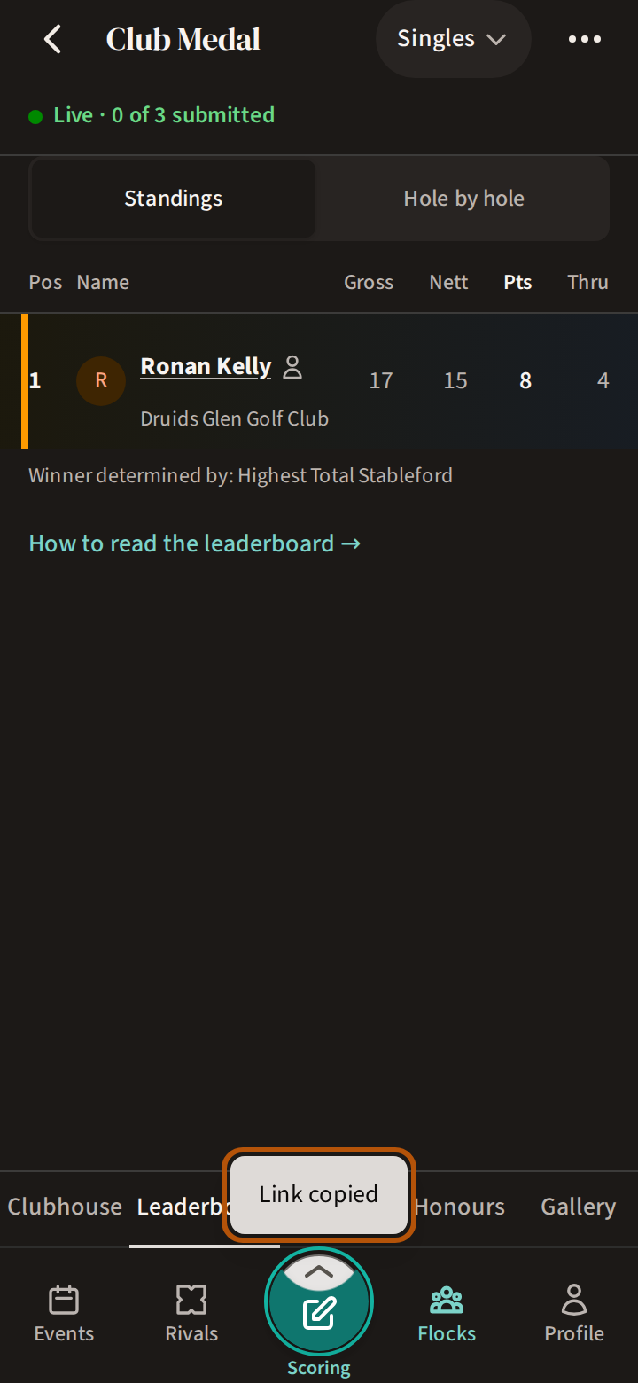 After pressing Share leaderboard where there is no sharing of its own: the leaderboard, with the note Link copied ringed near the foot of the screen.
