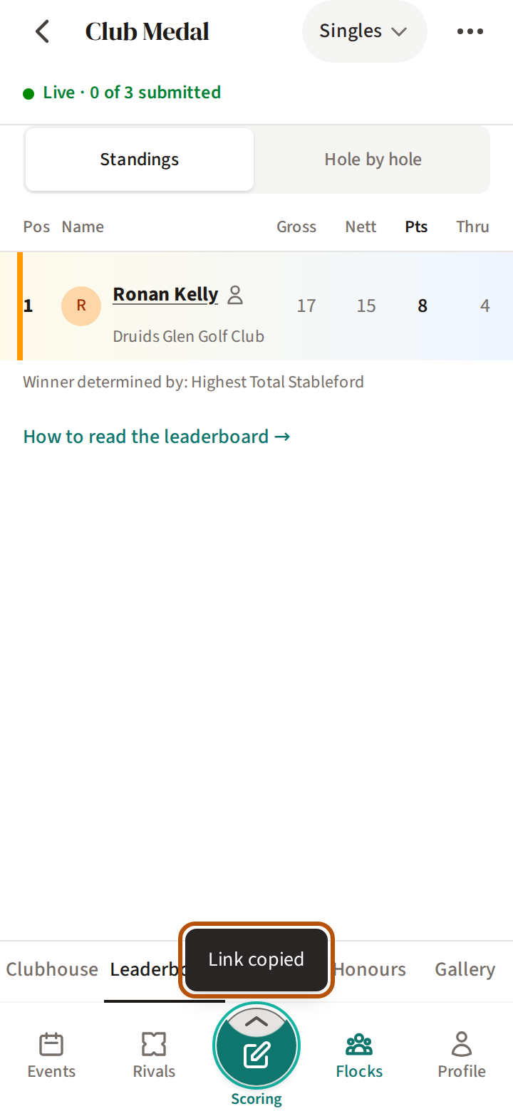 After pressing Share leaderboard where there is no sharing of its own: the leaderboard, with the note Link copied ringed near the foot of the screen.