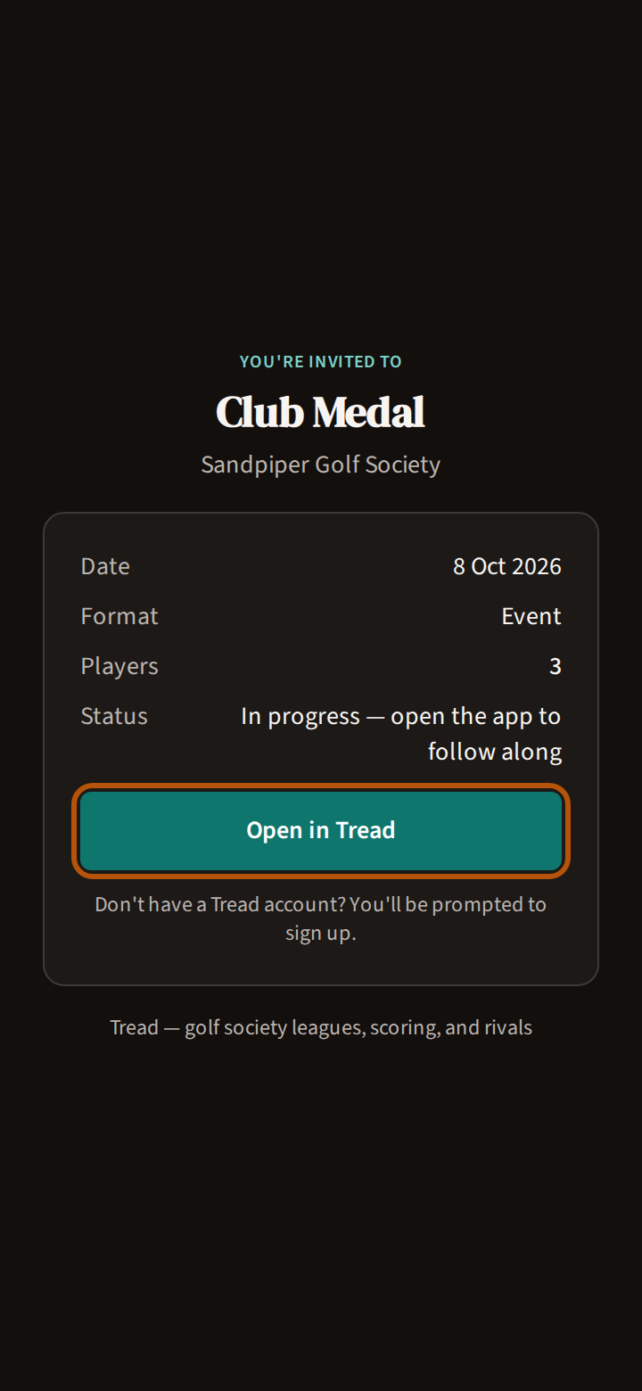 The invite page someone opens from Share event: You're invited to, the event's name and flock, the Date, Format, Players and Status lines, and the Open in Tread button ringed.