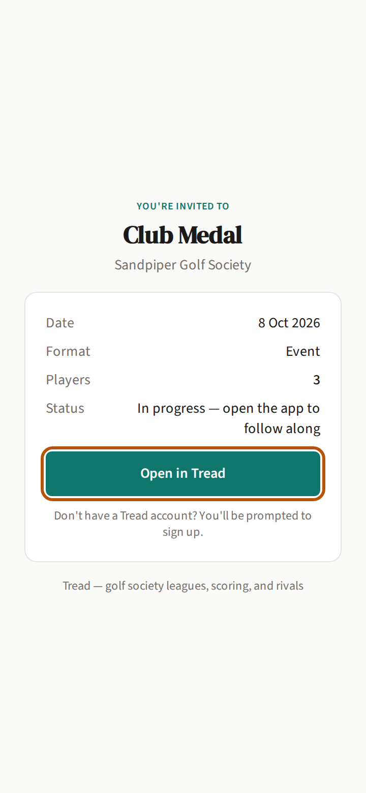 The invite page someone opens from Share event: You're invited to, the event's name and flock, the Date, Format, Players and Status lines, and the Open in Tread button ringed.