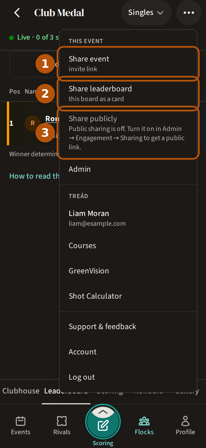 An event's More menu open under This event: Share event numbered 1, Share leaderboard numbered 2, and Share publicly, greyed with its reason, numbered 3.