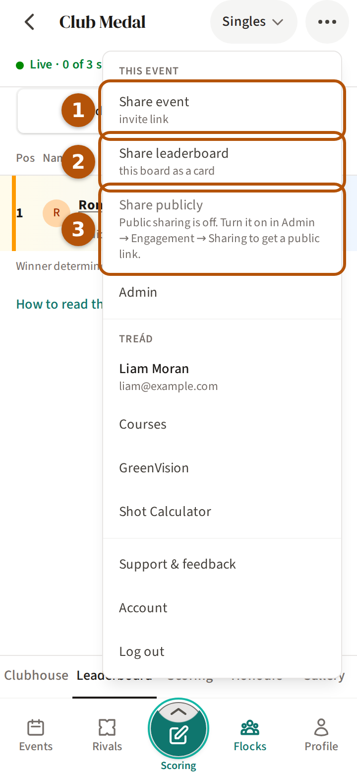 An event's More menu open under This event: Share event numbered 1, Share leaderboard numbered 2, and Share publicly, greyed with its reason, numbered 3.