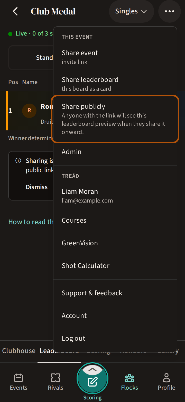 The More menu once public sharing is on: the Share publicly row ringed, now ready to press, with its line saying anyone with the link will see this leaderboard preview.