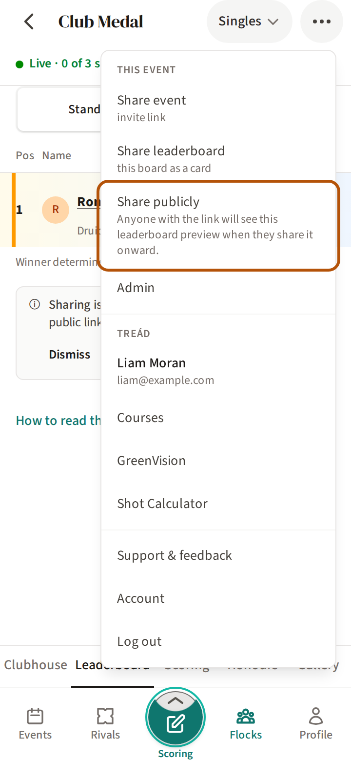The More menu once public sharing is on: the Share publicly row ringed, now ready to press, with its line saying anyone with the link will see this leaderboard preview.