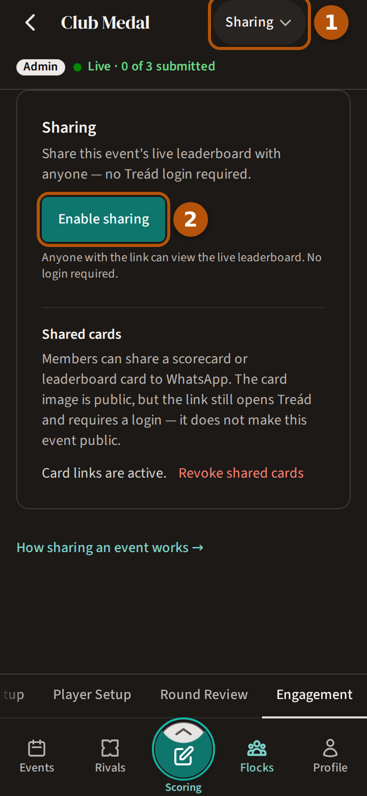 An event's Admin on Engagement, with the picker reading Sharing numbered 1, and the Enable sharing button numbered 2.