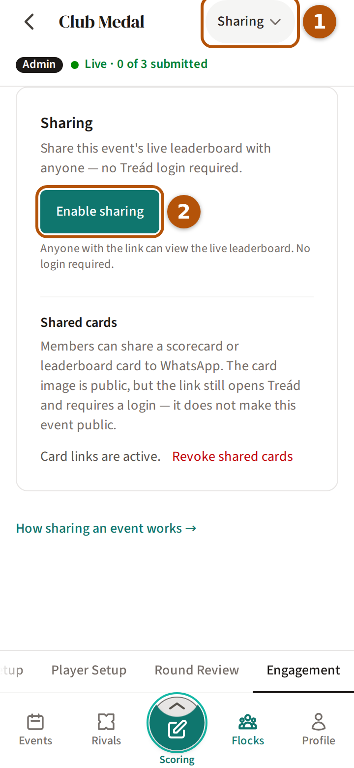 An event's Admin on Engagement, with the picker reading Sharing numbered 1, and the Enable sharing button numbered 2.
