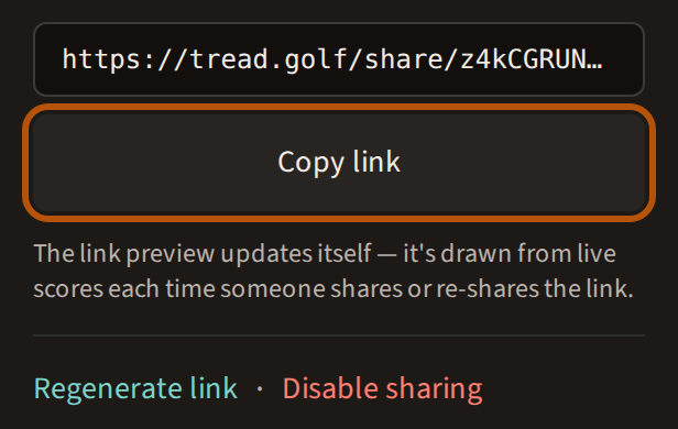 Sharing switched on: the event's public link, with the Copy link button ringed beneath it, and Regenerate link and Disable sharing below.