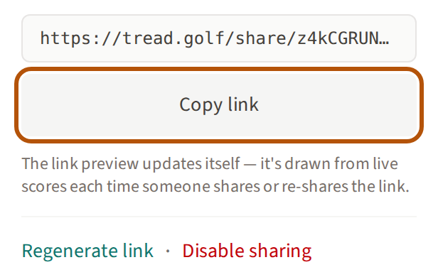Sharing switched on: the event's public link, with the Copy link button ringed beneath it, and Regenerate link and Disable sharing below.
