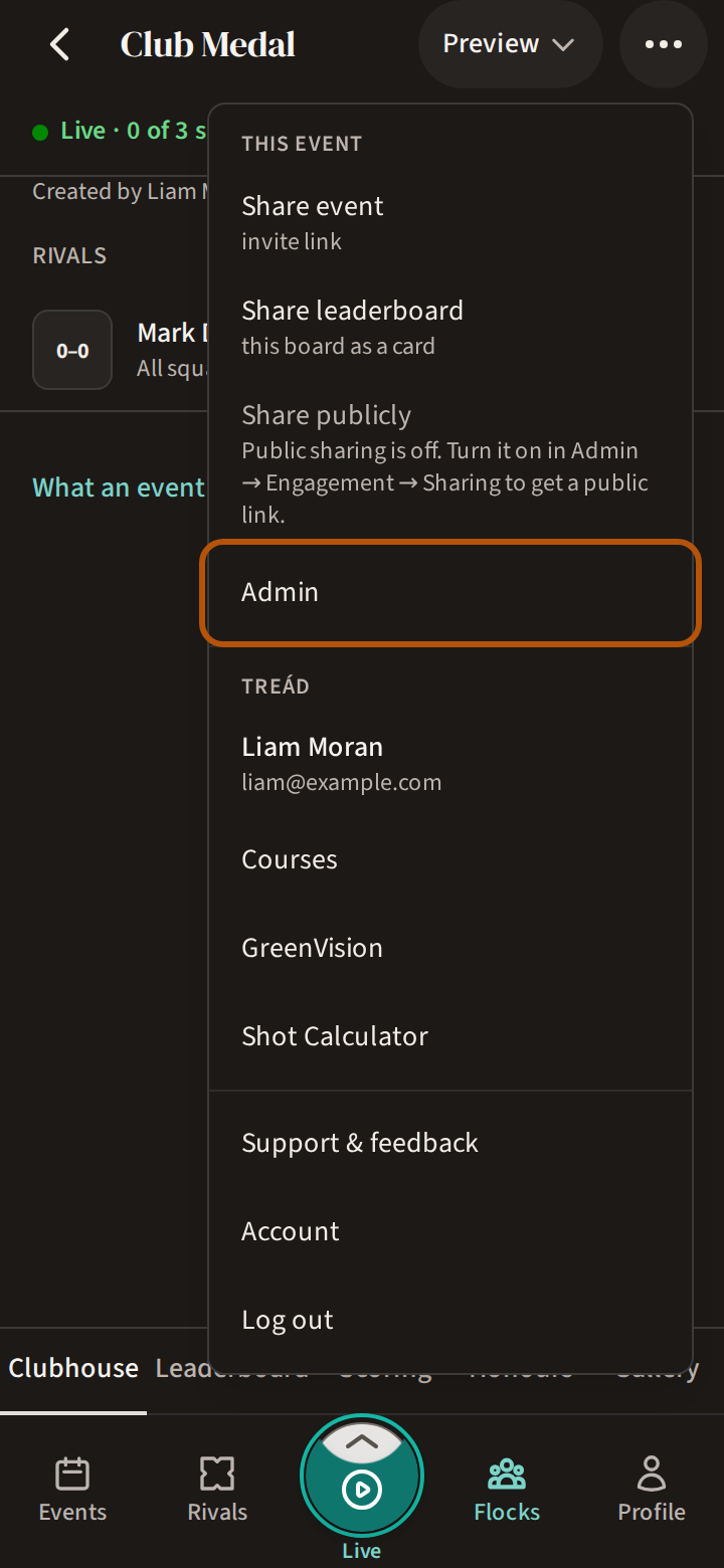 An event with the More menu open, and the Admin row ringed under This event.