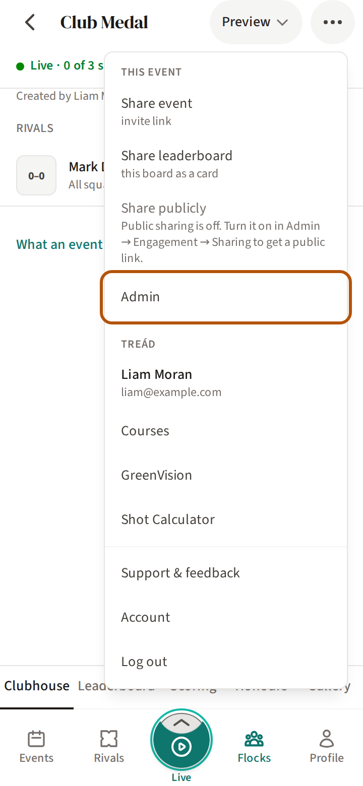 An event with the More menu open, and the Admin row ringed under This event.