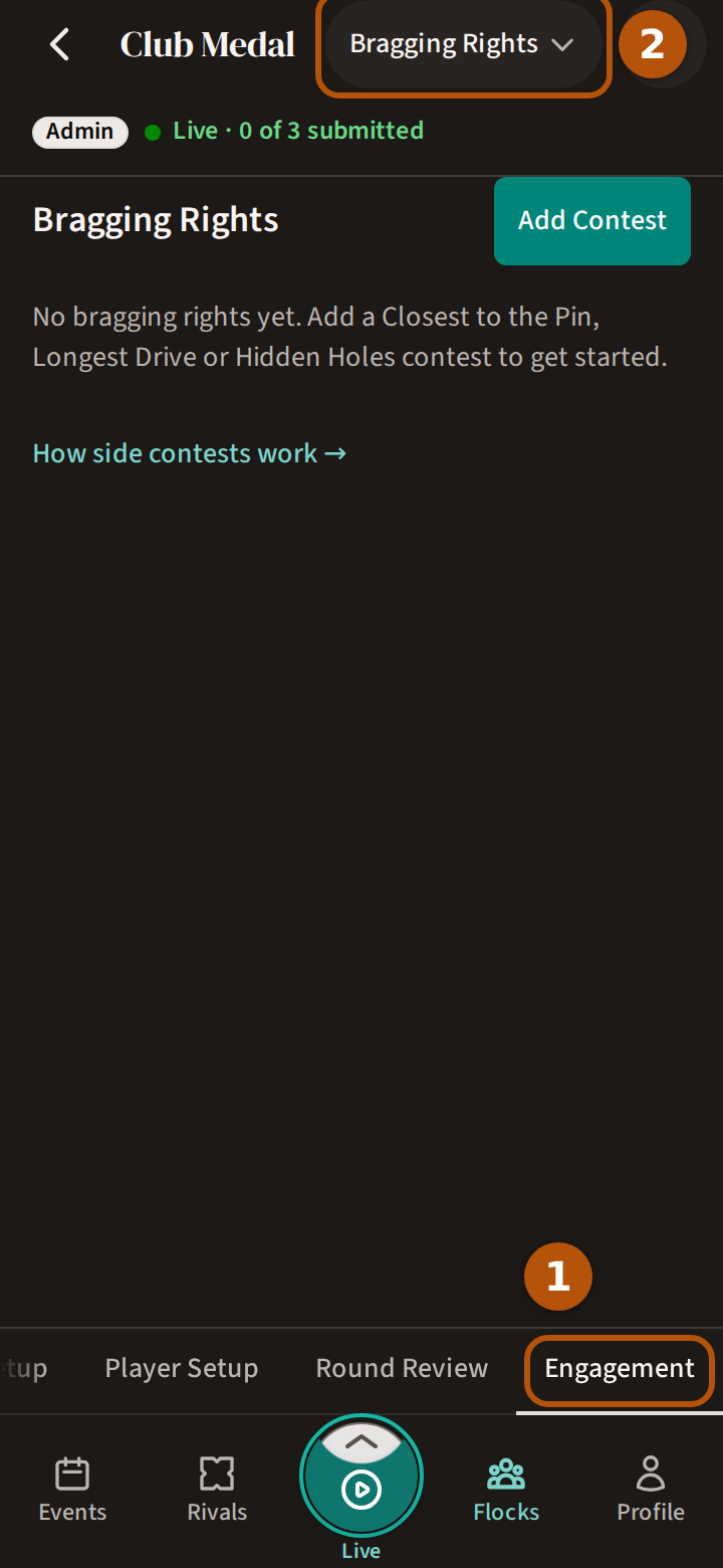 An event's Admin with Engagement chosen in the sections, numbered 1, and the picker reading Bragging Rights, numbered 2.