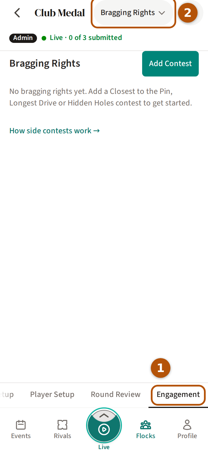 An event's Admin with Engagement chosen in the sections, numbered 1, and the picker reading Bragging Rights, numbered 2.