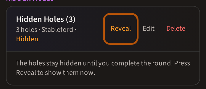 A Hidden Holes contest in Bragging Rights reading Hidden, with its Reveal button ringed.
