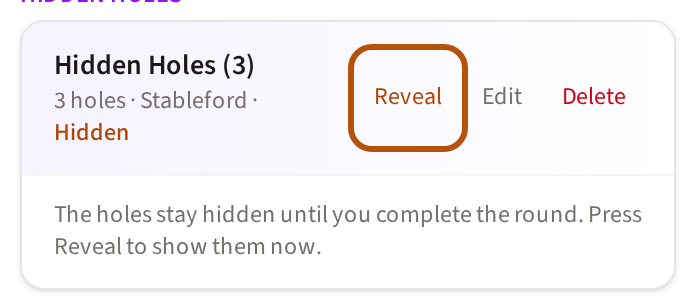 A Hidden Holes contest in Bragging Rights reading Hidden, with its Reveal button ringed.
