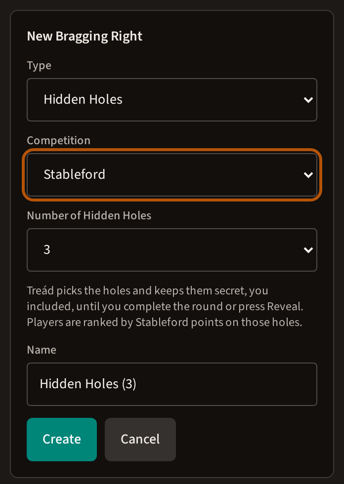The New Bragging Right form with Hidden Holes chosen under Type: the competition it scores ringed, and how many holes beneath it.