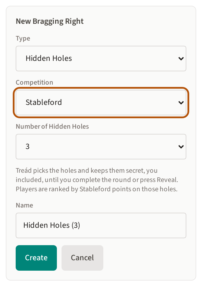 The New Bragging Right form with Hidden Holes chosen under Type: the competition it scores ringed, and how many holes beneath it.