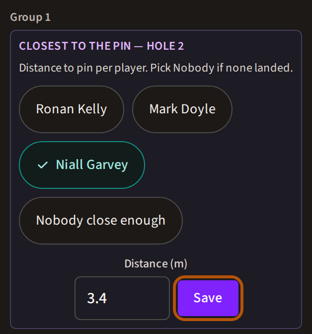 Group 1's part of the contest in Bragging Rights: one player chosen, a distance typed in, and the Save button ringed.