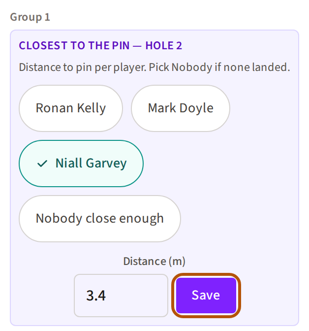 Group 1's part of the contest in Bragging Rights: one player chosen, a distance typed in, and the Save button ringed.