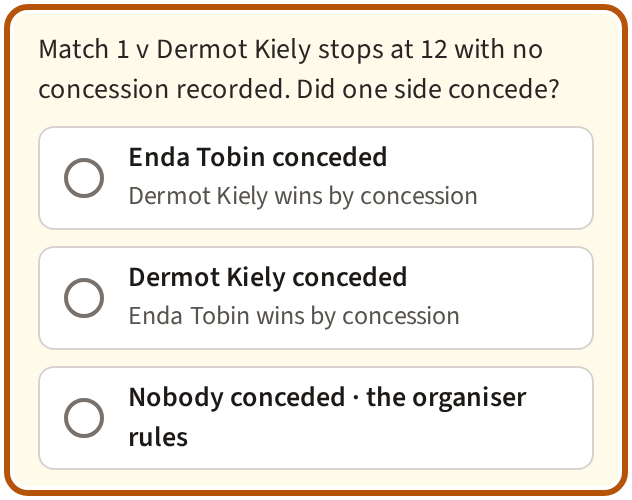 A short match play card on the review asking whether one side conceded, with a choice for each side and Nobody conceded beneath them, ringed.