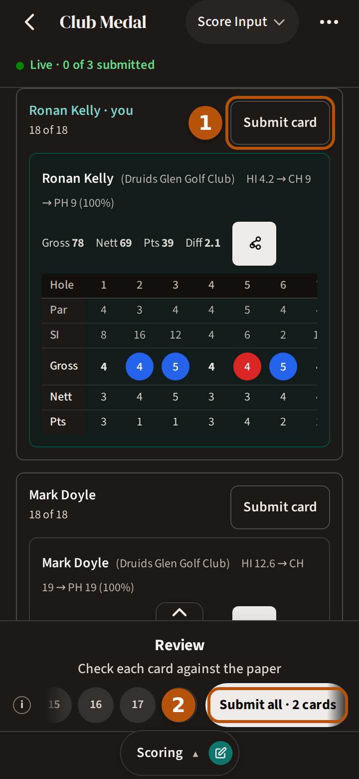 The review with two cards: each player's scorecard with the Submit card button beside the name, numbered 1, and the Submit all button on the hole bar, numbered 2.