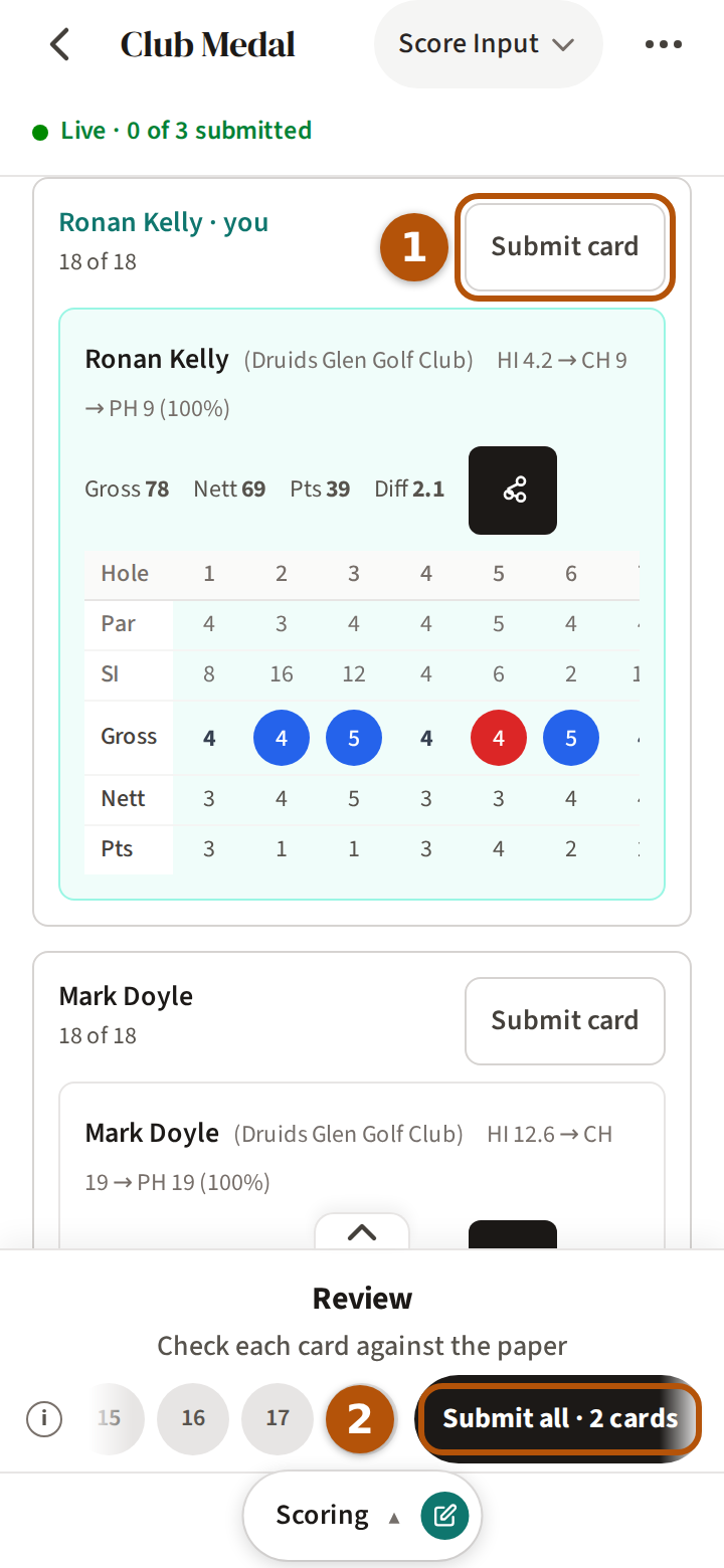 The review with two cards: each player's scorecard with the Submit card button beside the name, numbered 1, and the Submit all button on the hole bar, numbered 2.