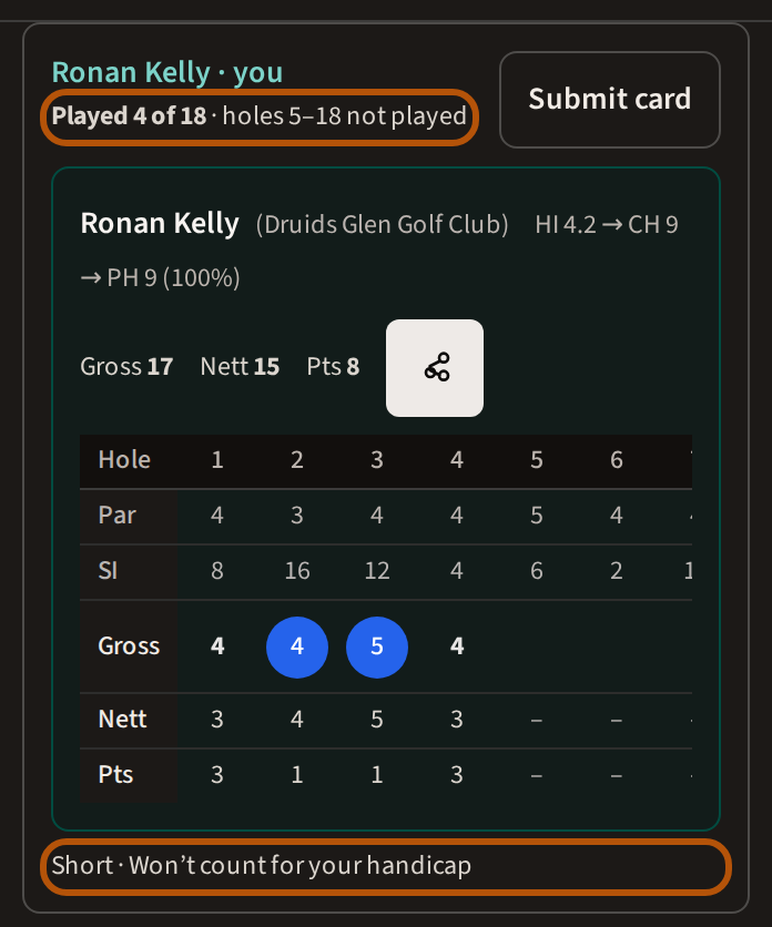 A short card on the review: the line saying how many holes were played and which were not, and beneath the card the line saying what a short card costs, both ringed.