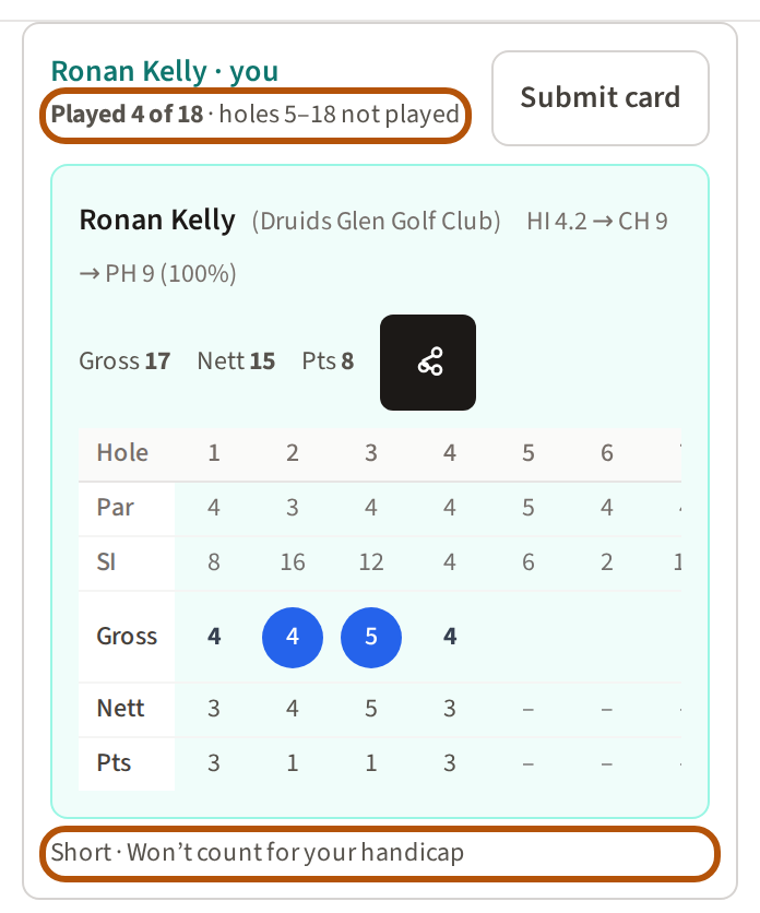 A short card on the review: the line saying how many holes were played and which were not, and beneath the card the line saying what a short card costs, both ringed.