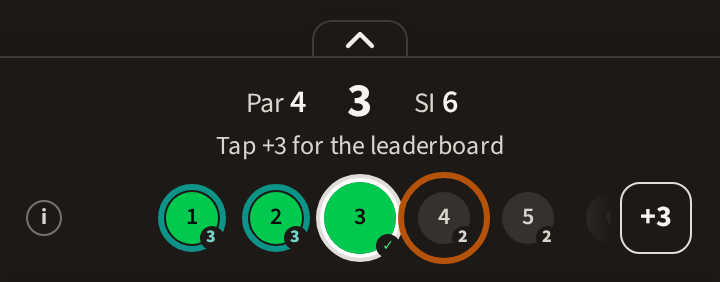 The hole bar on hole 3 of a roaming round, with the circle of a hole you haven't played yet ringed: the small number at its corner counts the players already through it.