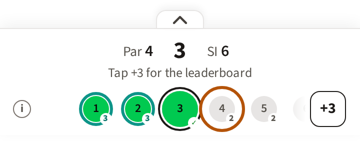 The hole bar on hole 3 of a roaming round, with the circle of a hole you haven't played yet ringed: the small number at its corner counts the players already through it.