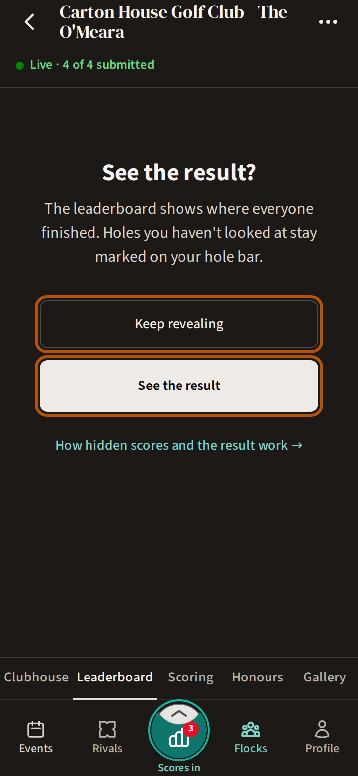 The Leaderboard asking See the result?, with its two answers ringed beneath the question: Keep revealing, and See the result.
