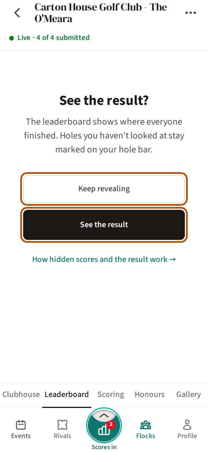 The Leaderboard asking See the result?, with its two answers ringed beneath the question: Keep revealing, and See the result.