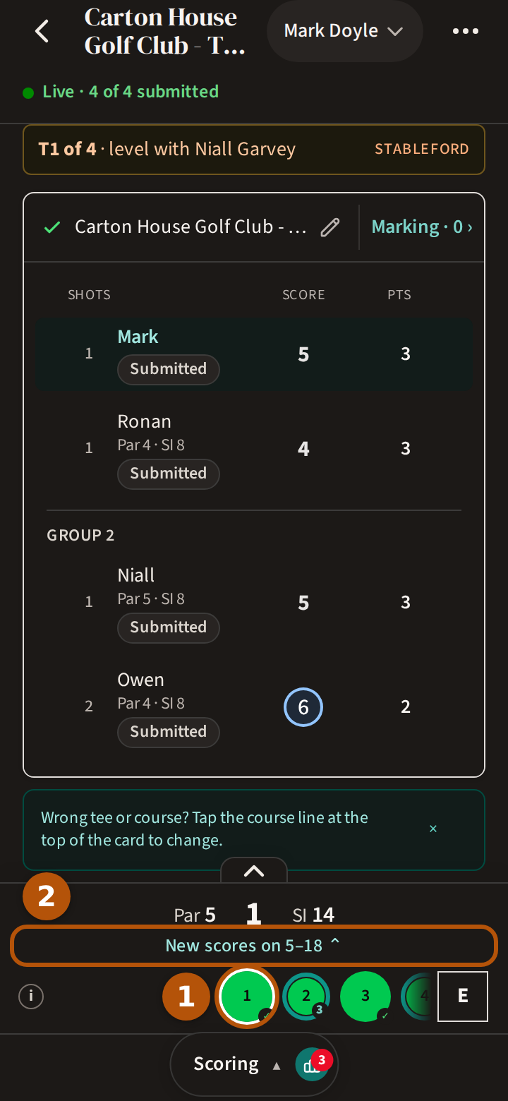 After Keep revealing: the Scoring section open on the first hole with scores you haven't seen, its circle on the hole bar numbered 1, and the line saying which other holes have new scores numbered 2.