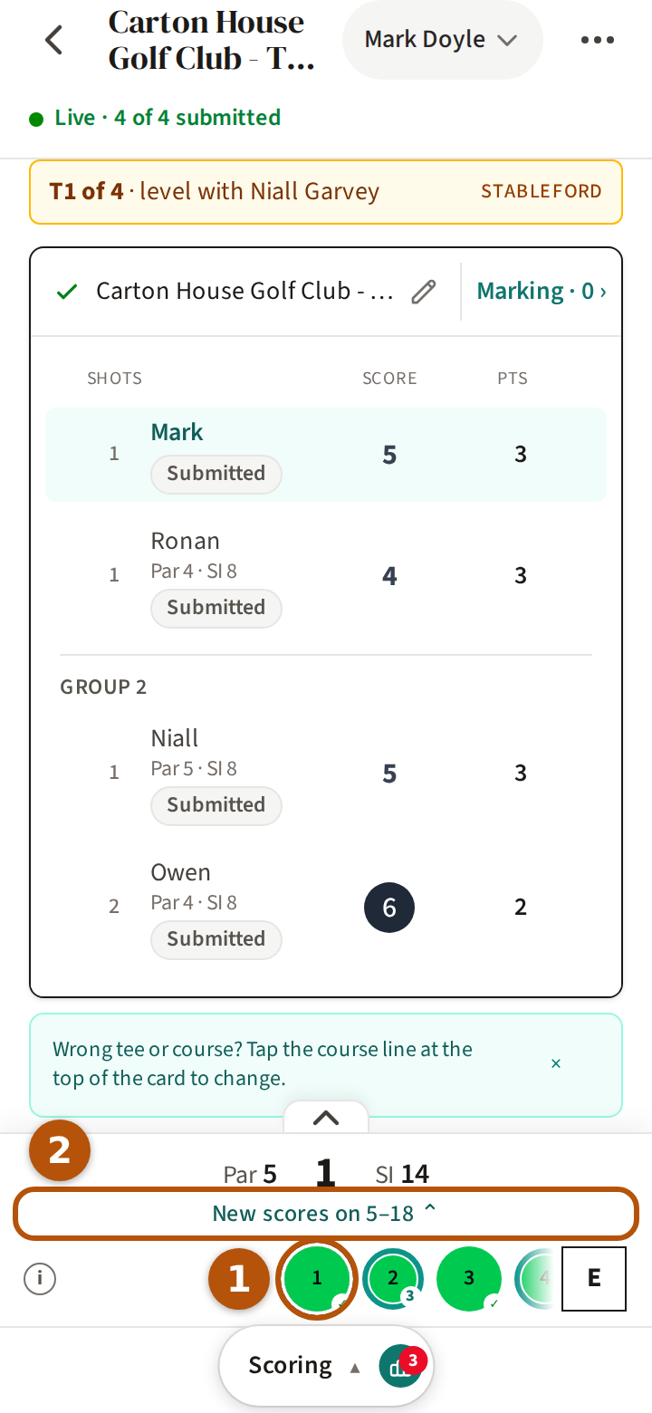 After Keep revealing: the Scoring section open on the first hole with scores you haven't seen, its circle on the hole bar numbered 1, and the line saying which other holes have new scores numbered 2.