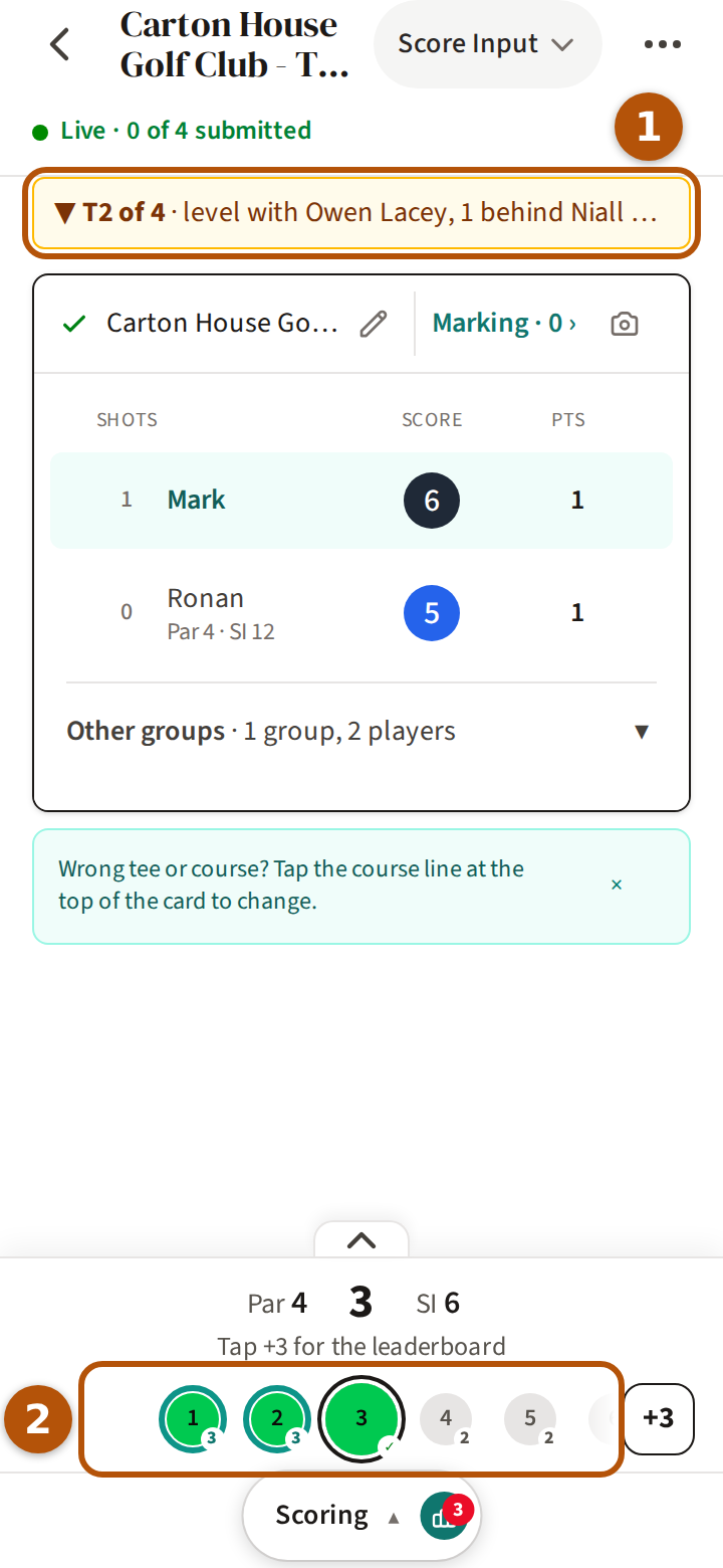 A roaming round's Scoring section on hole 3: the line above the card giving your place, numbered 1, and the circles on the hole bar, numbered 2.