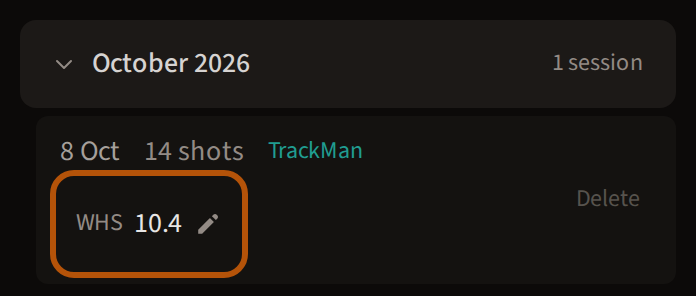 A TrackMan Combine session in My Data: its date, its shots and where it came from, and the WHS index you were playing off, ringed, with a pencil to change it.