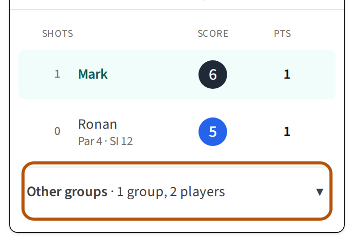 The card on a big roaming round: your own group's scores, and beneath them the Other groups row, ringed, saying how many groups and players it holds.
