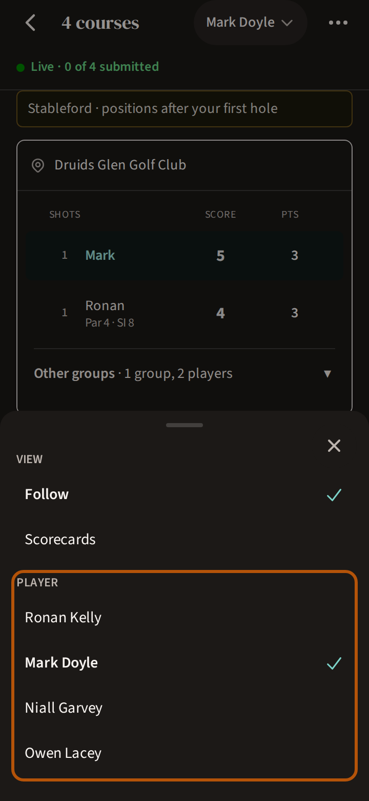 The picker open on Scoring: Follow ticked under View, and under Player, ringed, the field's names with a tick beside the player you are following.