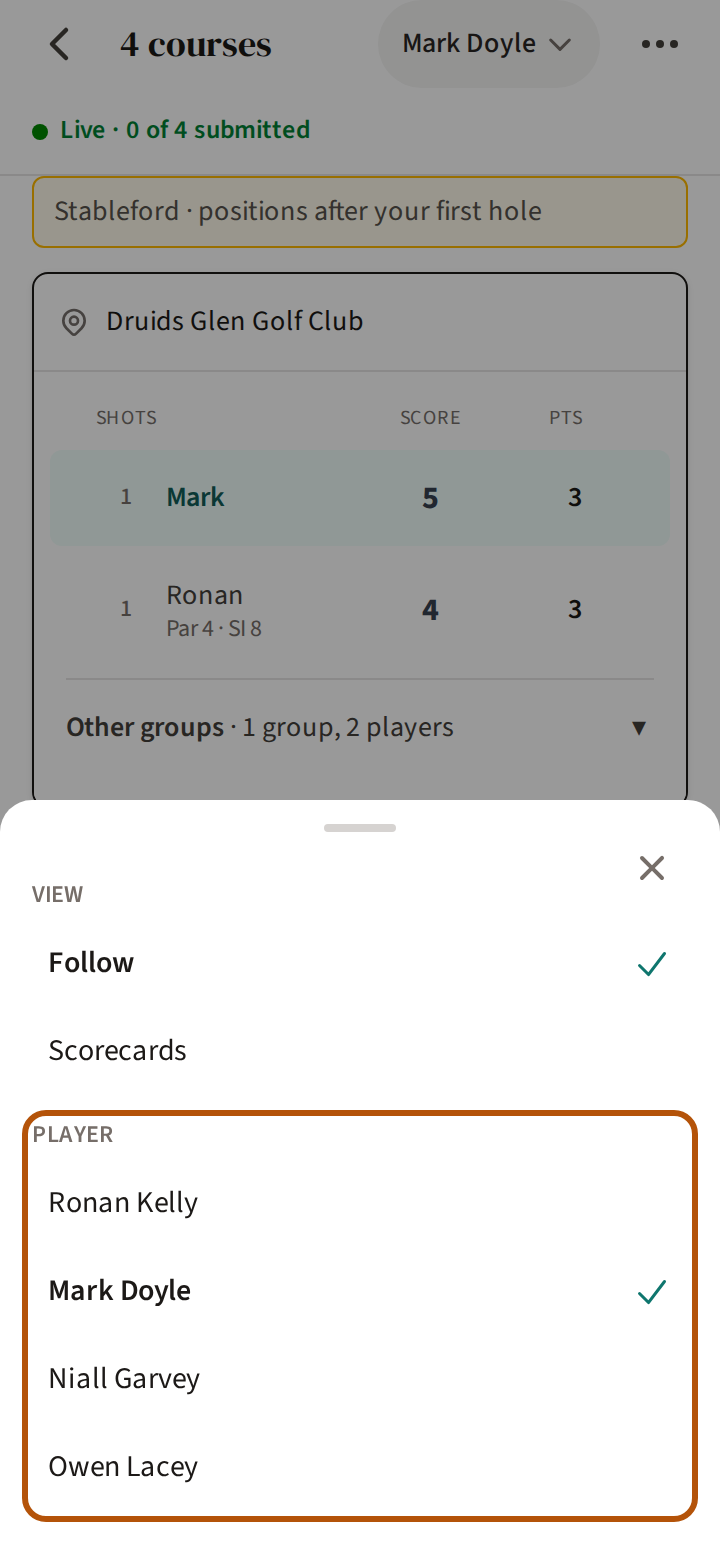 The picker open on Scoring: Follow ticked under View, and under Player, ringed, the field's names with a tick beside the player you are following.