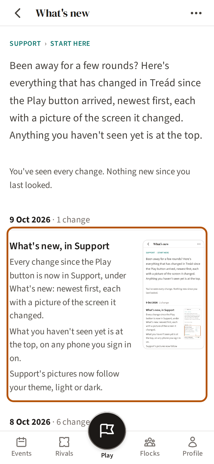Support's What's new page: the path Support › Start here, the opening lines, then each change under the date of its release, its words beside a picture of the screen it changed and a link to the article that teaches it.